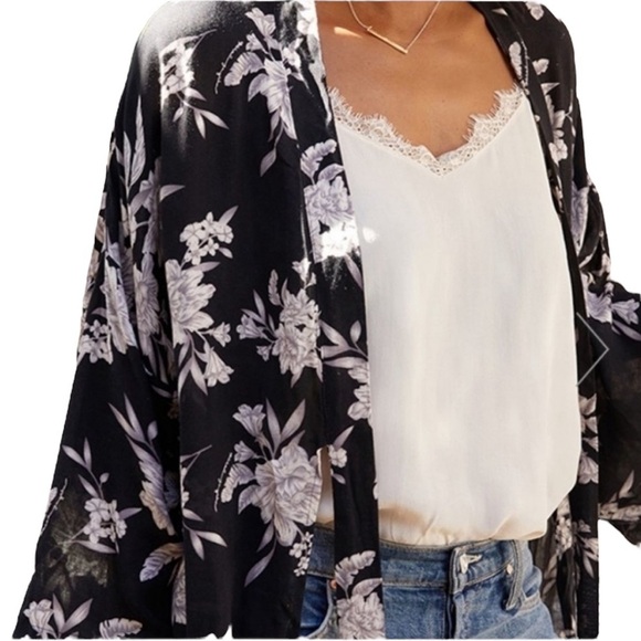 Spiritual Gangster OS Maya Black Floral Long Kimono One Size Casual - Picture 4 of 13
